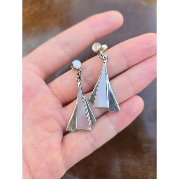 Vtg Pink Mother of Pearl Triangular Geometric Sterling Silver Earrings Mexico - Picture 3 of 7